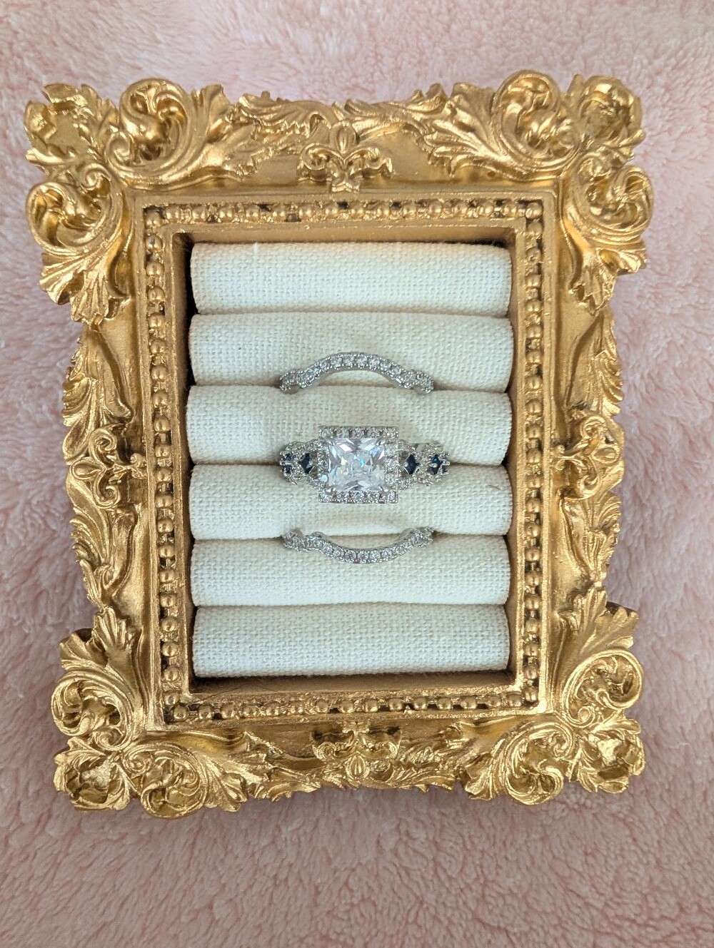 Cubic Zirconia & Silver Halo Engagement Ring with Blue CZ Accent Stones - Size 6
